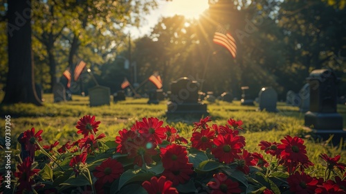 Cemetery With Red Flowers and American Flag