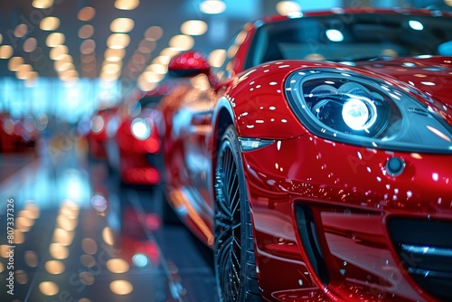 New cars display in luxury showroom with light bokeh in motor show event. © RodriguezGarcia