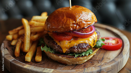 Hamburger and Fries on Plate on Table