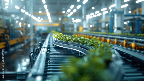 Plants in industrial vegetable plots, a green farm vegetable, plant assembly from different parts on conveyor line in a factory. Generative AI.