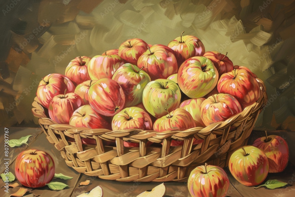 A painting of apples in a basket on a table. Suitable for food and kitchen-related designs A painting of apples in a basket on a table. Suitable for food and kitchen-related designs