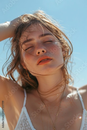 Young woman is suffering from heat, woman with heatstroke at summer hot weather. Dangerous of the sun concept.