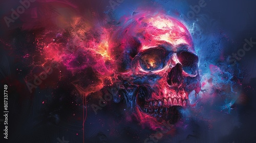A bright graffiti illustration of a skull in vibrant colors on a black background. Skull image in a grunge artistic style with vibrant colors. Modern illustration.