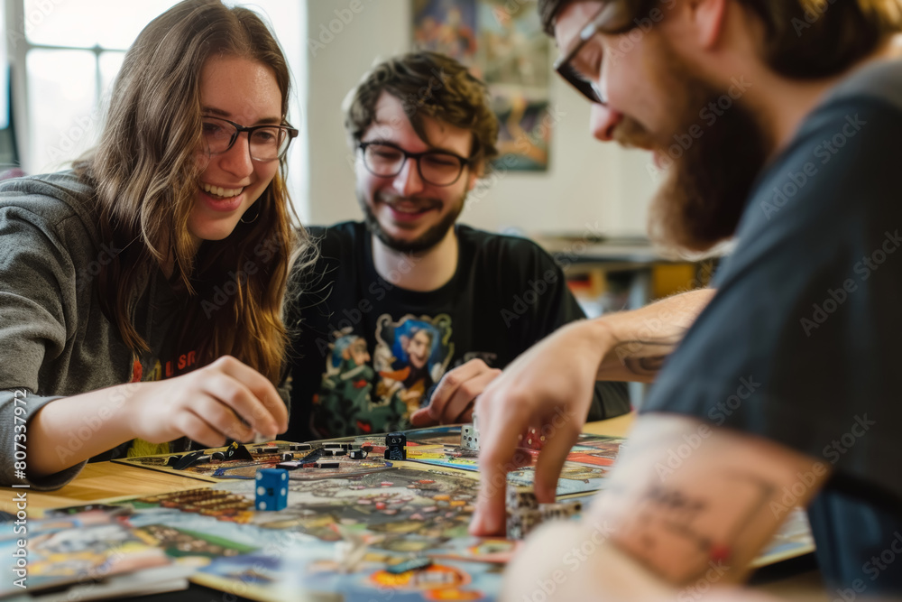 Fototapeta premium Young Adults Engaged in Exciting Board Game Session Indoors