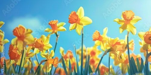 Beautiful yellow daffodils in a scenic field  perfect for spring-themed designs
