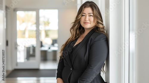 plus size business woman wearing black business attire, standing in front of glass door in white modern office space Free Download plus size business woman wearing black business attire, standing in front of glass door in white modern office space - GFXLoad