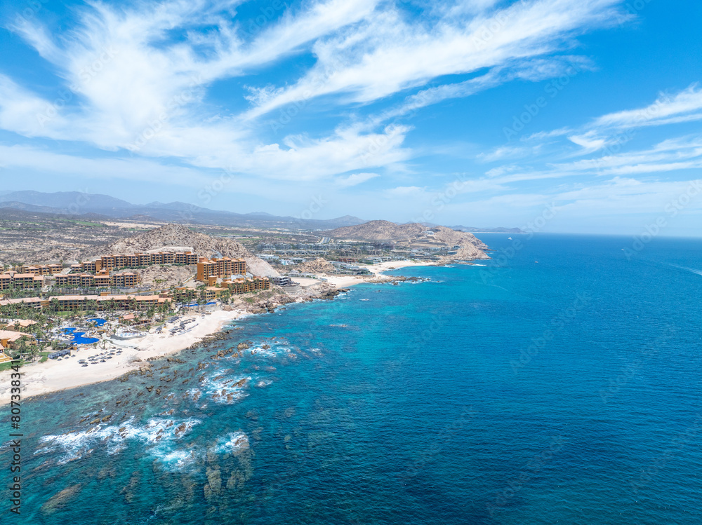 Aerial view of tropical beach with resorts in Cabo San Jose, Baja California Sur, Mexico