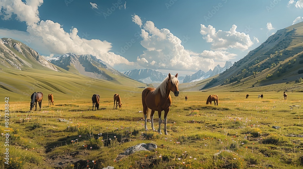 Horses in the mountain meadows. Generative AI.