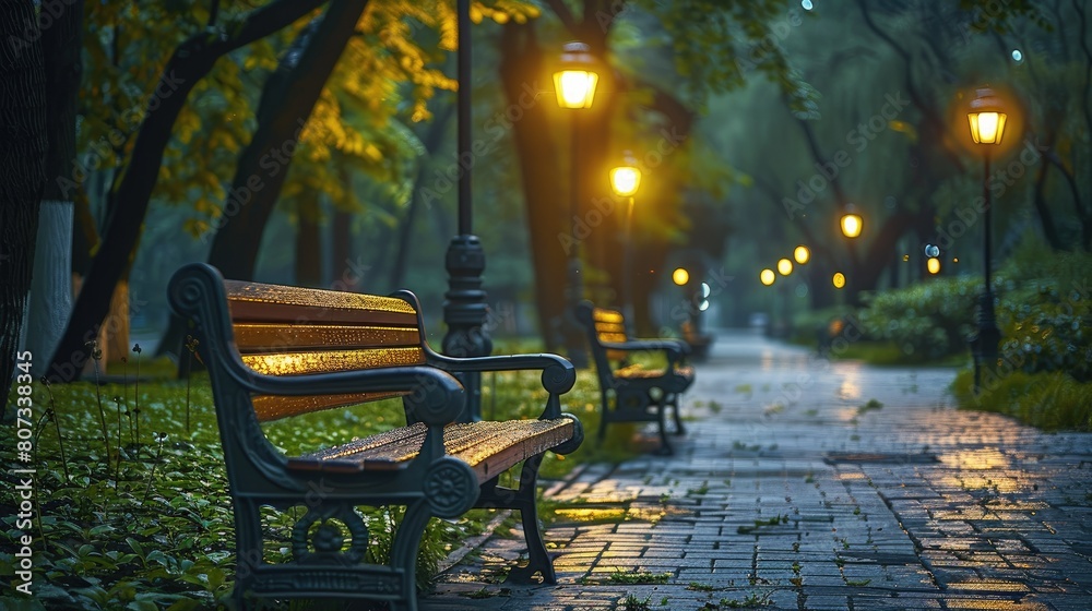 As night falls, the solitude of empty benches, glistening under the warm glow of street lamps. The vibrant greenery. Generative AI.