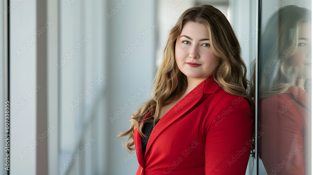 plus size business woman wearing red business attire, standing in front of glass door in white modern office space