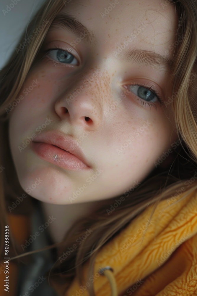 Close up of a young girl with freckles. Suitable for beauty and skincare concepts Close up of a young girl with freckles. Suitable for beauty and skincare concepts