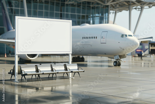 Empty Airport Seating and Blank Advertising Board With Parked Airplane in Background photo