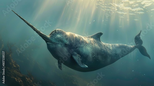 A majestic narwhal swimming gracefully in the ocean. Perfect for marine life concepts