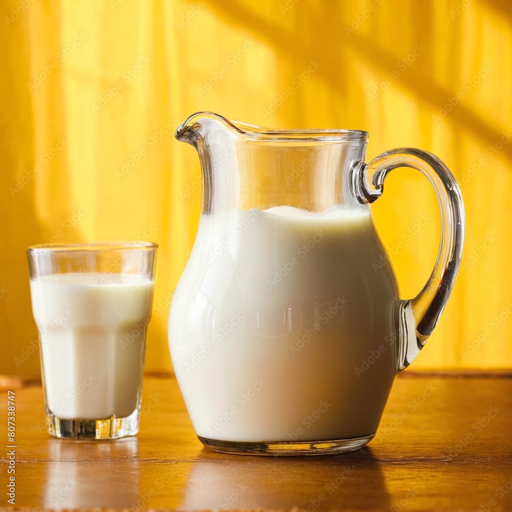 Milk jar pitcher on table, light yellow interior Milk jar pitcher on table, light yellow interior