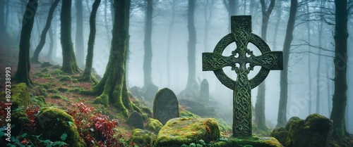 Ancient Celtic gravesite with unmarked gravestones in the middle of a forest in rural Scotland. Generative AI