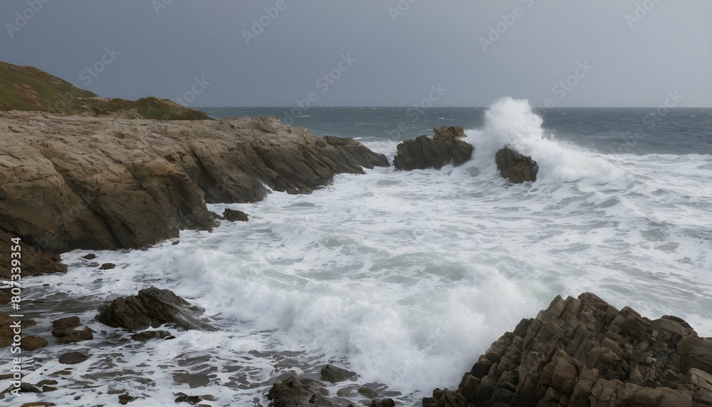 A rocky shoreline with crashing waves