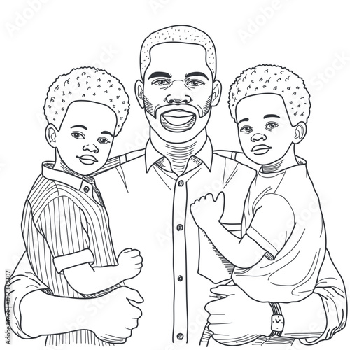 Father's day card, line art style, father with twin sons, africans