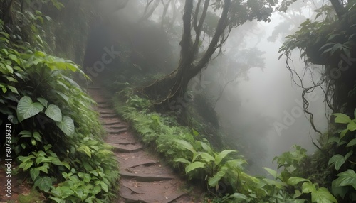 A rugged jungle path veiled in mist and overhung w photo