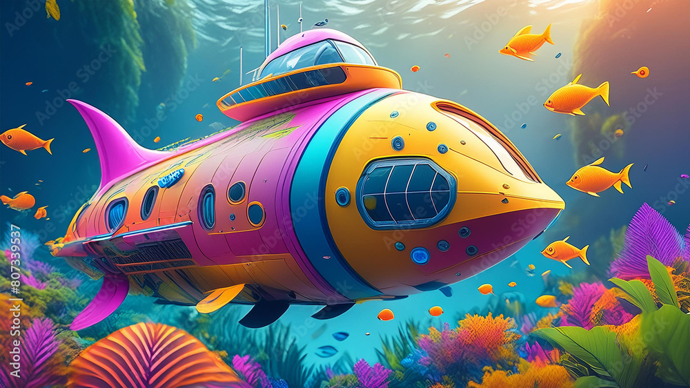 Small colorful futuristic submarines with fish and plants Small colorful futuristic submarines with fish and plants