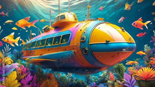 Small colorful futuristic submarines with fish and plants photo