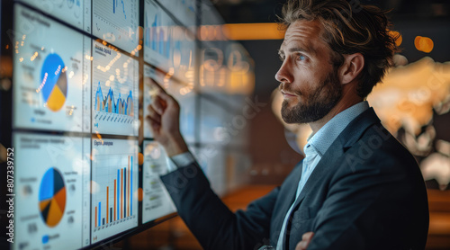 A businessman standing in front of a large presentation screen, analyzing sales data and discussing strategies for optimizing performance and driving revenue growth. Generative AI.