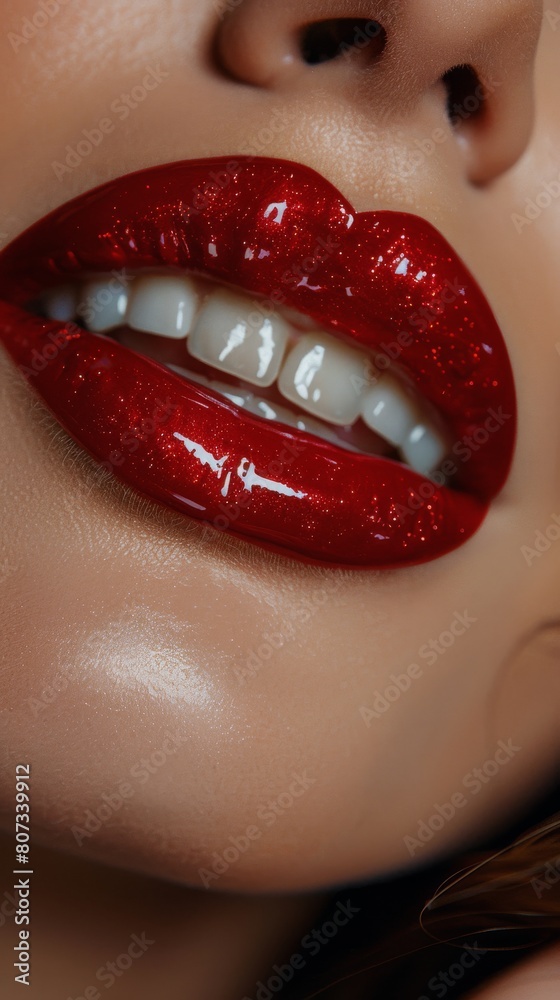 Obraz premium Close Up of Woman With Red Lipstick