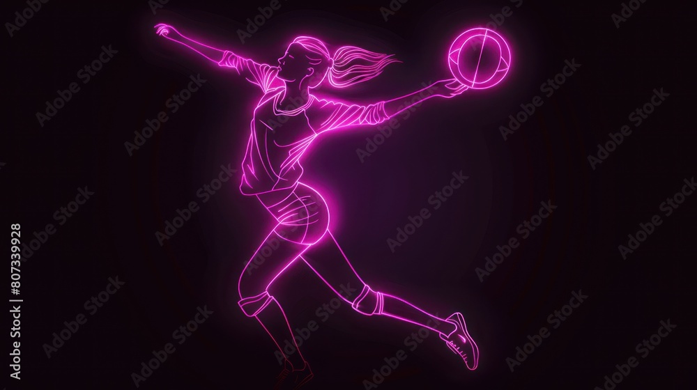 Neon pink silhouette of volleyball player hitting the ball on black background.