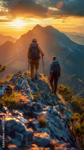 Two People Hiking Up a Mountain at Sunset