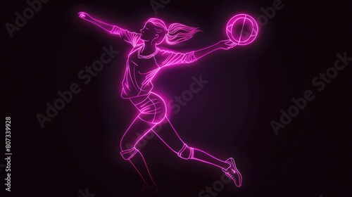 Neon pink silhouette of volleyball player hitting the ball on black background. © SULAIMAN