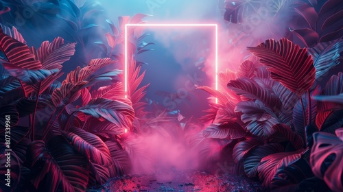 Pink Neon Frame Surrounded by Tropical Plants