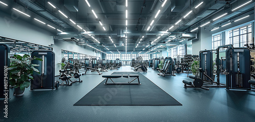 A fitness and wellness zone situated in a vast, modern exhibition centre, black gym flooring, complete with strength equipment. Generative AI. photo