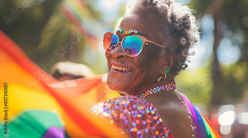 Happy black senior gay lesbian woman celebrating pride festival parade with a rainbow flag on a sunny summer day. Candid gay pride celebrations with inclusive and diverse homosexual mature people. AI photo