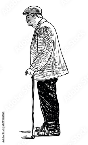 Old man standing alone walking cane outdoors profile, black and white vector hand drawing isolated on white