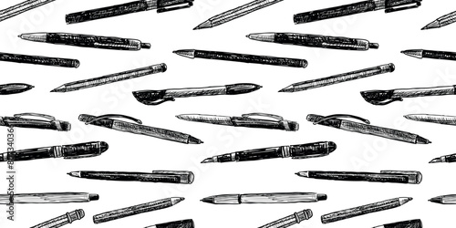 Pen, pencils, writing instruments,set,stationery sketches seamless pattern, paper,vector black and white background