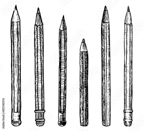 Pencil, graphite, sharpened, eraser, wooden,different, drawing, drawing instrument set,black and white vector illustration isolated on white