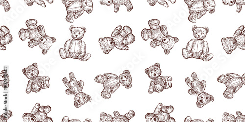 Teddy bears old toys sketches collection seamless pattern vector childish background wallpaper paper