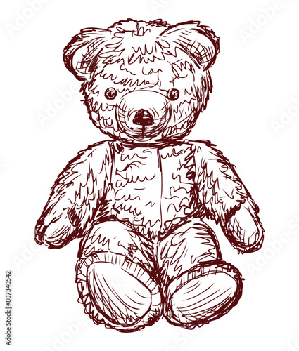 Teddy bear retro plush toy sketch  doodle vector hand drawn illustration isolated on white