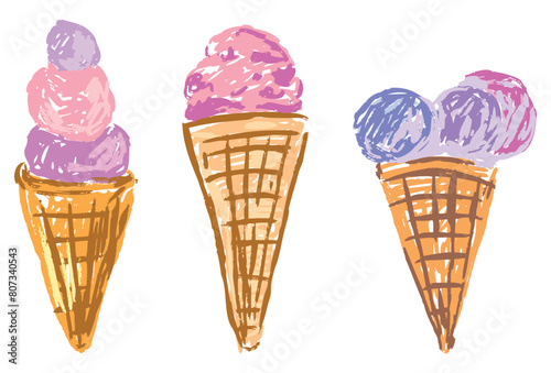 Vanilla popsicles in waffle cones, ice cream set,vector hand drawn isolated on white