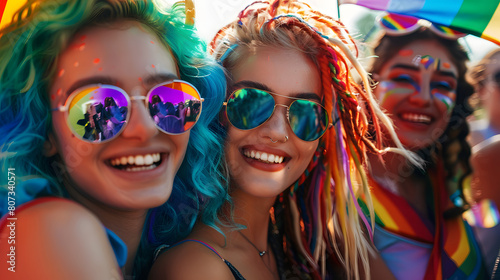 Happy gay people smiling at pride parade with LGBT flags. Colourful rainbow wigs and bold makeup. Inclusion and diversity at pride festival. Joyful friends celebrating gay rights AI photo