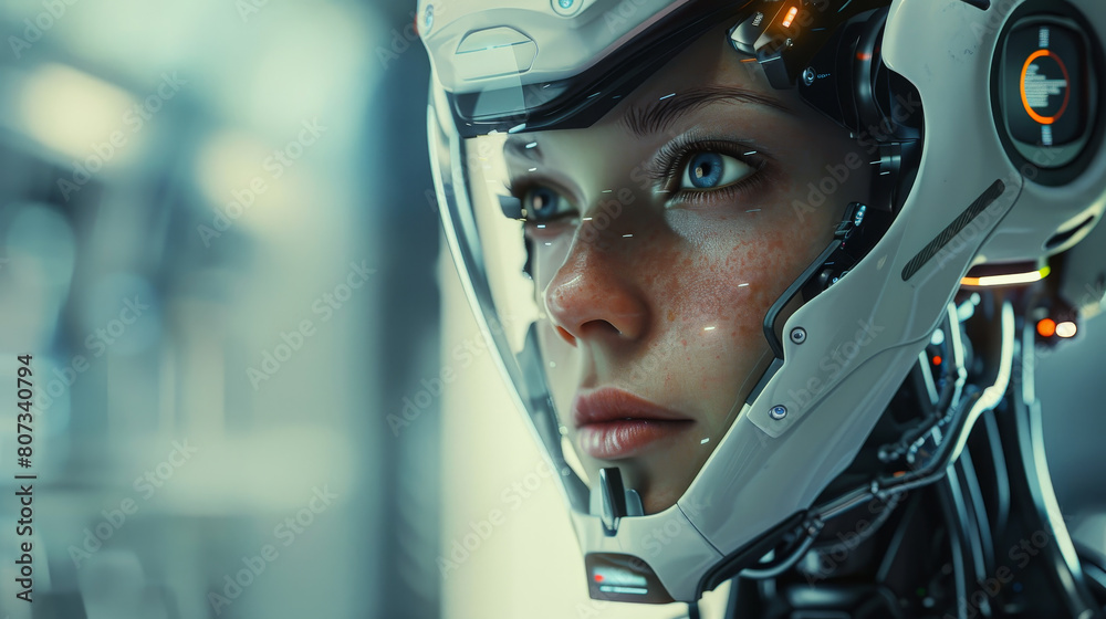 A woman in a white helmet with blue eyes A woman in a white helmet with blue eyes