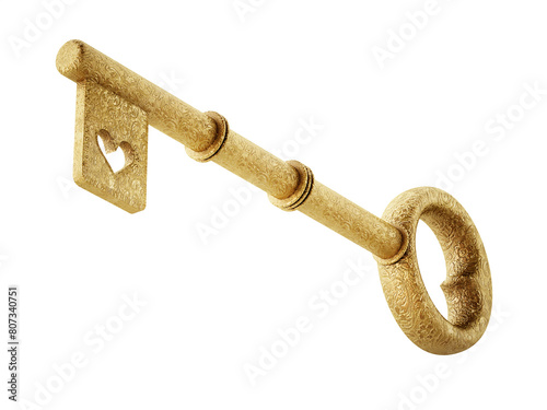 Golden ornate key with heart symbol isolated on transparent background. 3D illustration