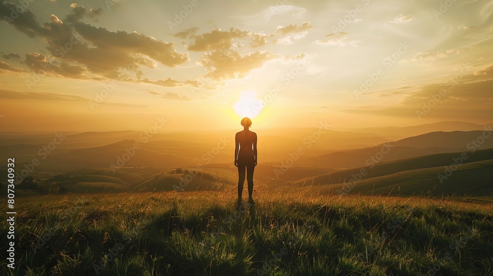 Harmony with Nature: A Colossal Silhouette Amidst Rolling Hills and Meadows at Sunset