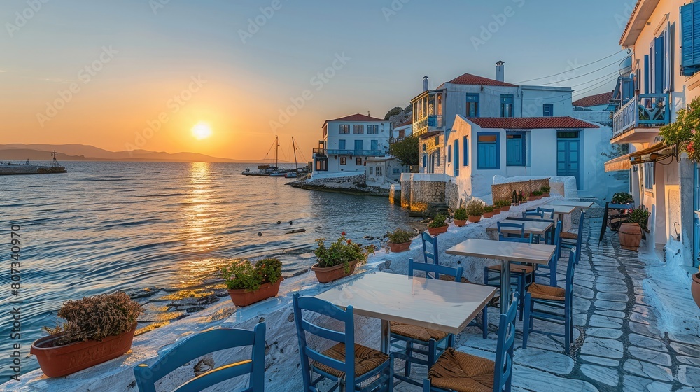 Luxury restaurant at sunrise. tables and chairs set up for an outdoor dining experience on white stone walls near water edge, overlooking small houses with pastel colored facades. Generative AI. Luxury restaurant at sunrise. tables and chairs set up for an outdoor dining experience on white stone walls near water edge, overlooking small houses with pastel colored facades. Generative AI.
