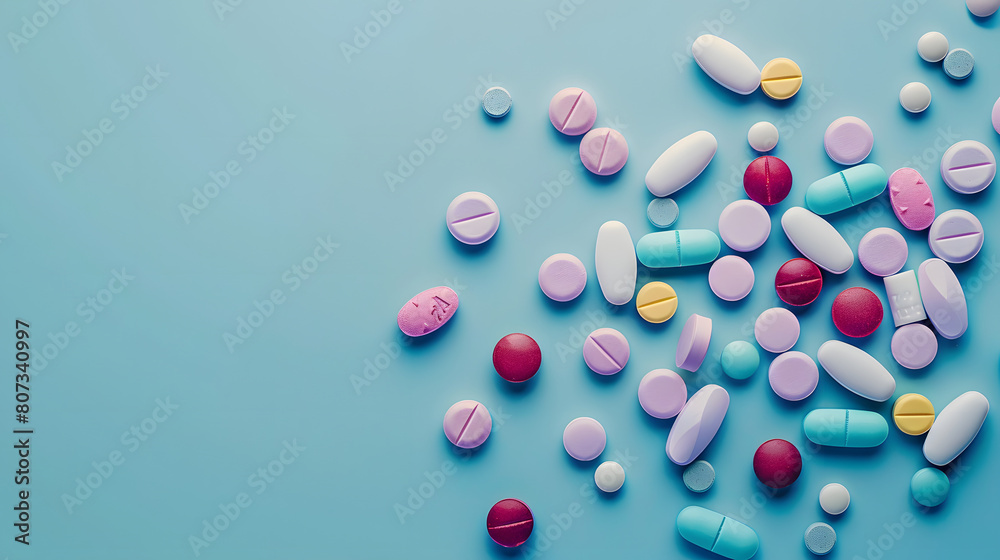 Top down view of pharmaceutical pills. Colourful prescription tablets on a plain background. Copy space for text. Marketing healthcare banner with empty space AI Top down view of pharmaceutical pills. Colourful prescription tablets on a plain background. Copy space for text. Marketing healthcare banner with empty space AI