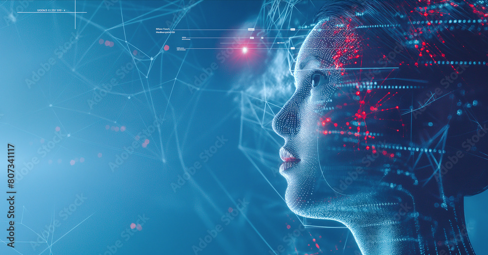 Concept of Human and Artificial Intelligence Integration, A Digital Representation of a Female Face with Neural Network Connections Illuminating Thoughts and Data Exchange
