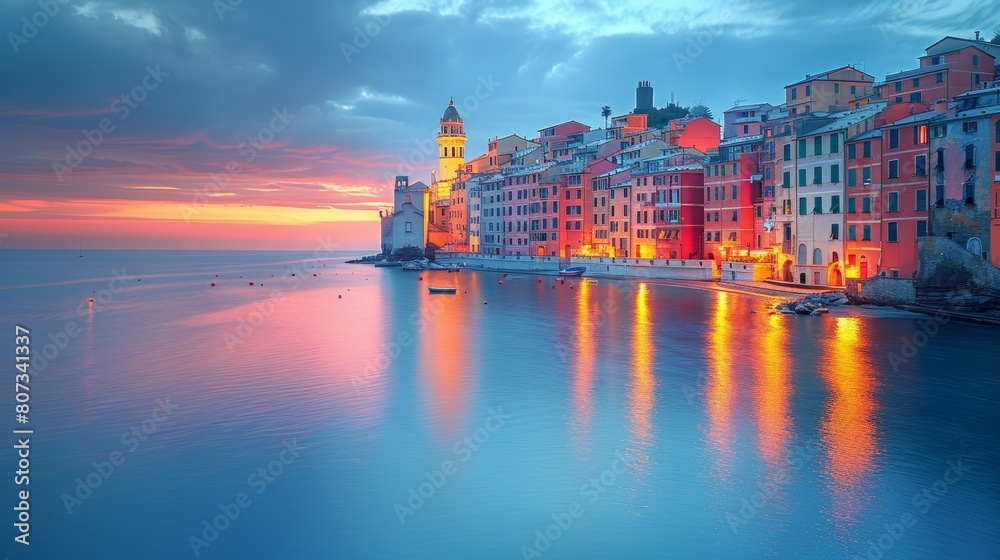 Obraz premium Stunning Sunset View of Colorful Portovenere Town Over Calm Sea