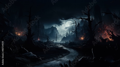 Mystical Dark Forest Scene with Eerie Moonlight and Fiery Glow