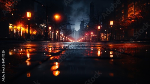 Mysterious Night Scene on a Rainy Urban Street with Glowing Street Lamps