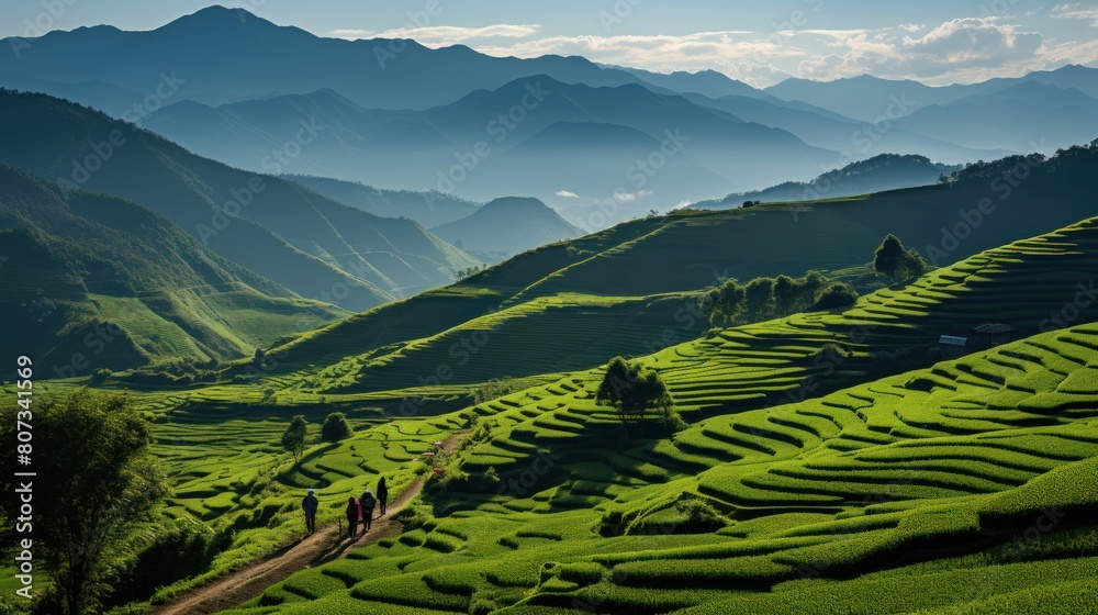 Stunning View of Verdant Rice Terraces in Northern Thailand with Hikers Walking