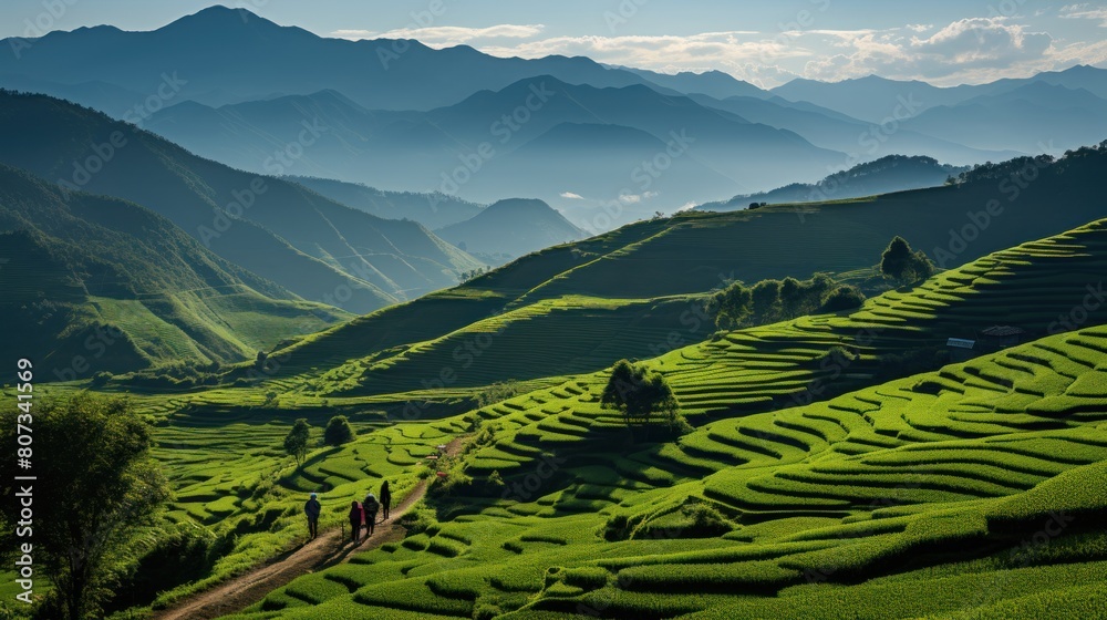 Stunning View of Verdant Rice Terraces in Northern Thailand with Hikers Walking Stunning View of Verdant Rice Terraces in Northern Thailand with Hikers Walking